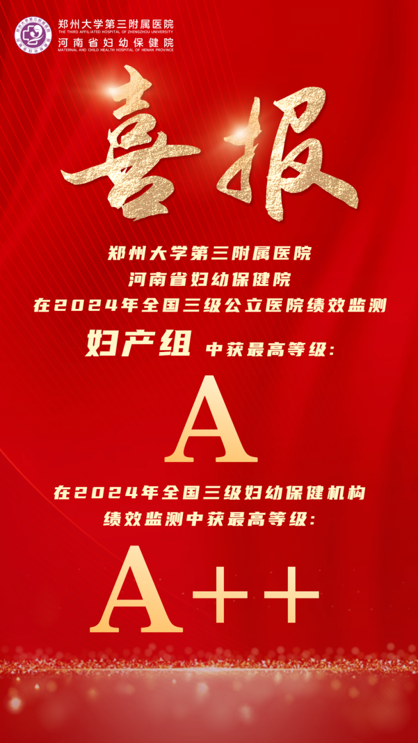 郑州大学第三附属医院荣获全国三级公立医院绩效考核A级和妇幼保健机构A++