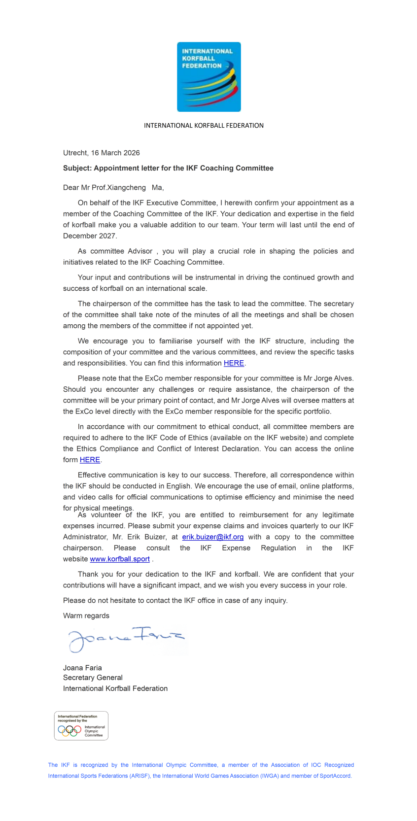 郑州大学马襄城教授再次当选国际荷联（IKF）委员