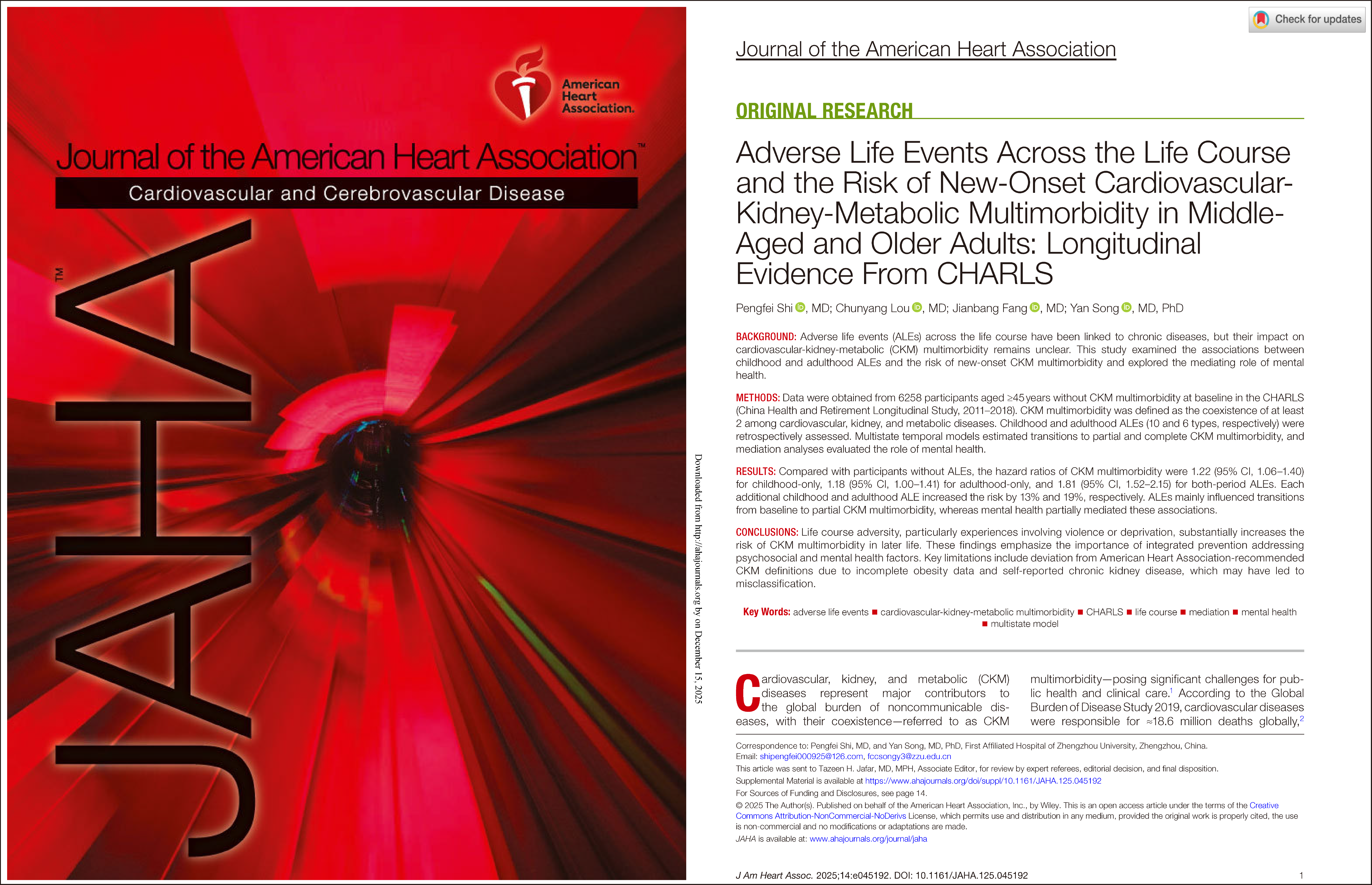 郑州大学第一附属医院在探究中老年人新发心血管—肾脏—代谢疾病的风险因素方面取得积极进展